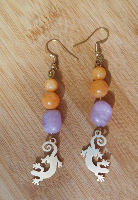 Boucles d’oreilles en acier inoxydable doré avec jade jaune, kunzite et lézard (Réf. BO 5125077)