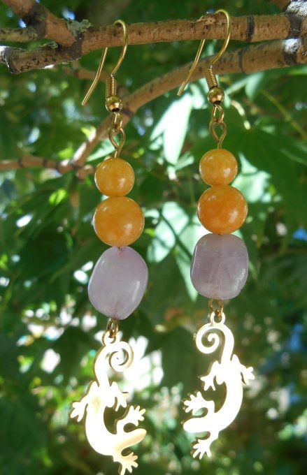 Boucles d’oreilles en acier inoxydable doré avec jade jaune, kunzite et lézard (Réf. BO 5125077)