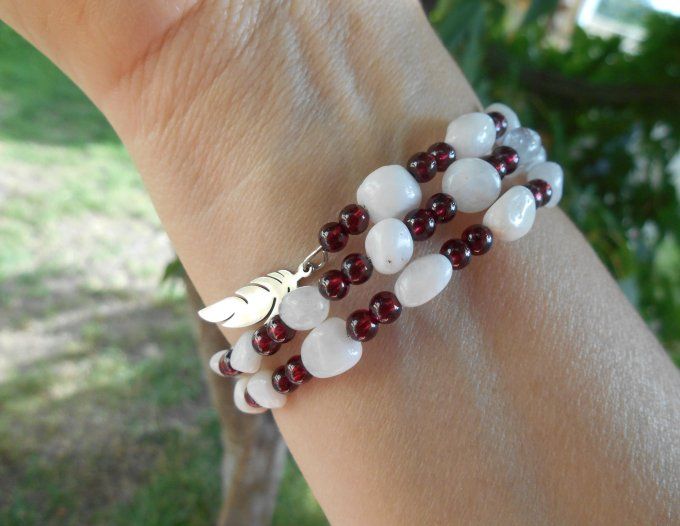 Bracelet acier avec pierre de lune, grenat et pampilles en acier inoxydable (Réf. BR ANJ25016)