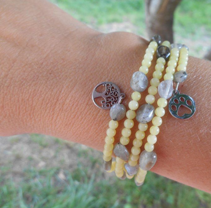 Bracelet acier avec labradorite, jade jaune et pampilles en acier inoxydable (Réf. BR ANJ25021)