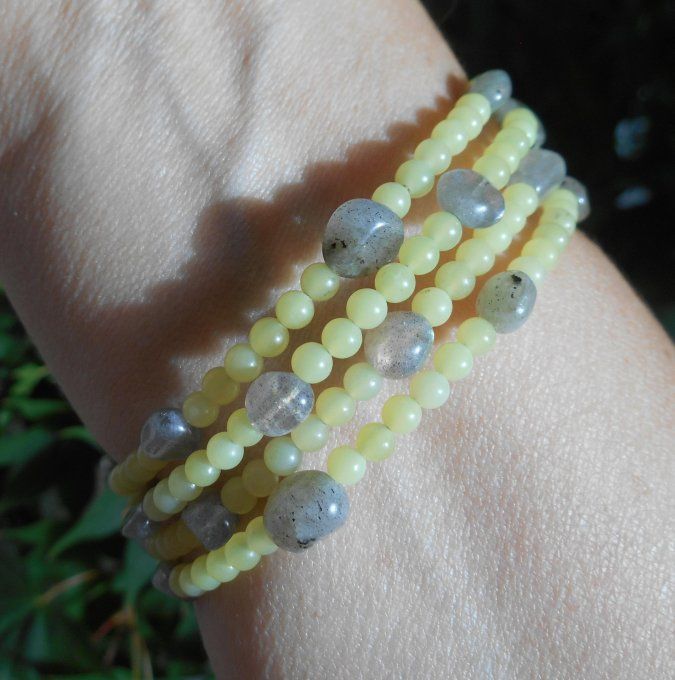 Bracelet acier avec labradorite, jade jaune et pampilles en acier inoxydable (Réf. BR ANJ25021)