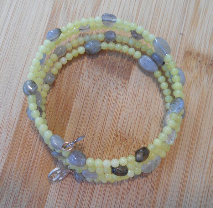 Bracelet acier avec labradorite, jade jaune et pampilles en acier inoxydable (Réf. BR ANJ25021)