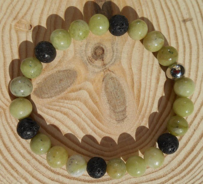 Bracelet avec jade chinoise, pierre de lave et acier inoxydable (Réf. BR 3624182)