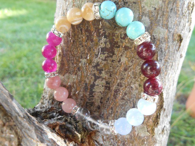 Bracelet turquoise, trochus, tourmaline, quartz, aigue marine, grenat (Réf. BR 0224084)