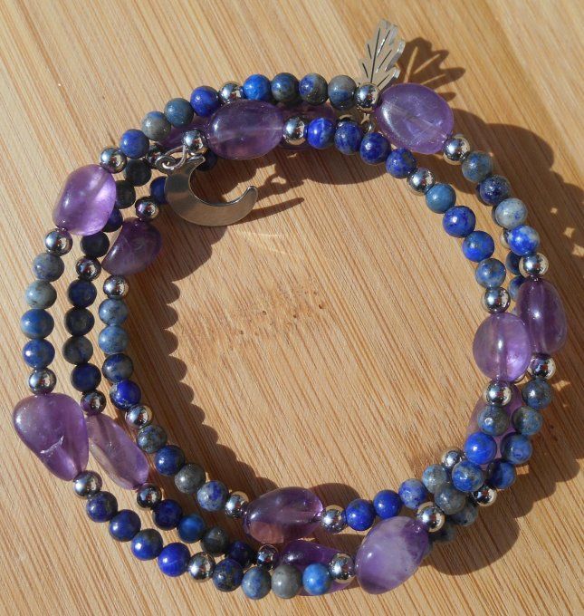 Bracelet avec améthyste et lapis-lazuli, perles et pampilles en acier inoxydable (Réf. BR 2ANJ26038)