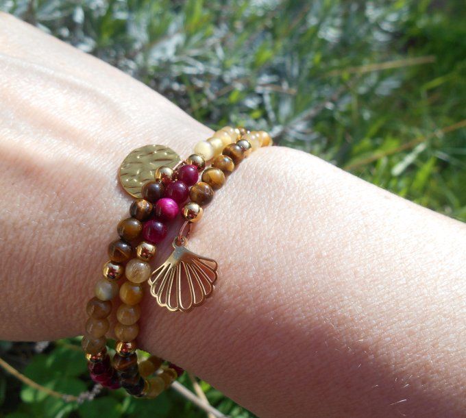 Bracelet œil de tigre de trois couleurs, perles et pampilles en acier inox. doré (Réf. BR 2ANJ26040)