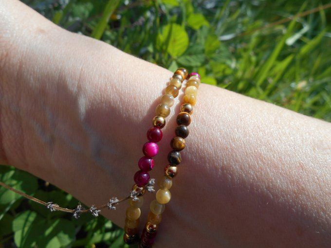 Bracelet œil de tigre de trois couleurs, perles et pampilles en acier inox. doré (Réf. BR 2ANJ26040)