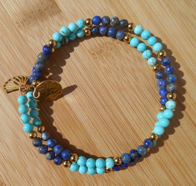 Bracelet turquoise et lapis-lazuli, perles et pampilles en acier inox. doré (Réf. BR 2ANJ26039)