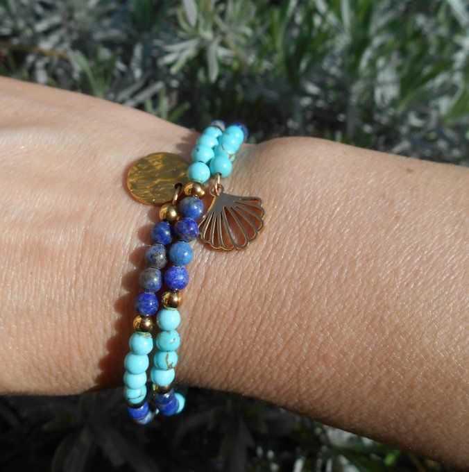 Bracelet turquoise et lapis-lazuli, perles et pampilles en acier inox. doré (Réf. BR 2ANJ26039)