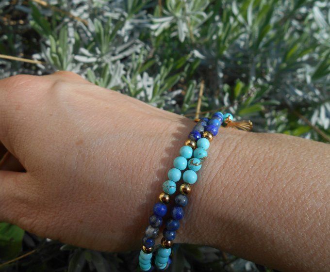 Bracelet turquoise et lapis-lazuli, perles et pampilles en acier inox. doré (Réf. BR 2ANJ26039)