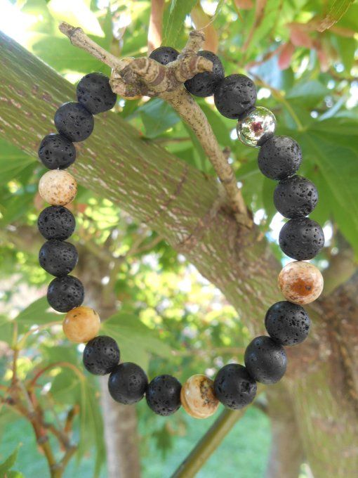 Bracelet avec pierre de lave, jaspe paysage et acier inoxydable (BR 3624186)