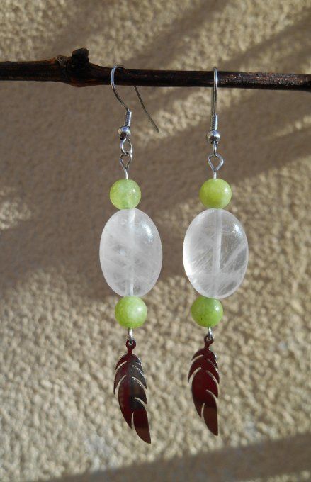 Boucles d’oreilles acier avec quartz blanc, péridot et feuille en acier inox. (Réf. BO 3324014)