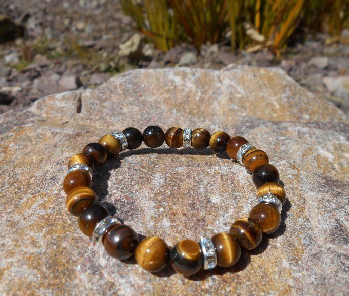 Bracelet avec œil de tigre et strass cuivre (Réf. BR 0124012)