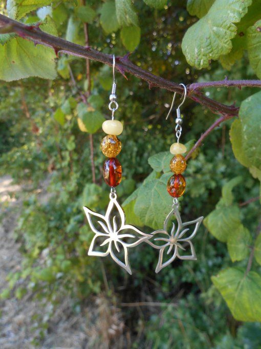 Boucles d’oreilles en acier inoxydable avec ambres et fleur (Réf. BO 0824021)