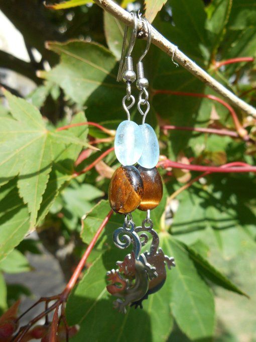 Boucles d’oreilles en acier inoxydable avec œil de tigre, aigue-marine et lézard (Réf.BO 3124072)