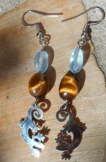 Boucles d’oreilles en acier inoxydable avec œil de tigre, aigue-marine et lézard (Réf.BO 3124072)