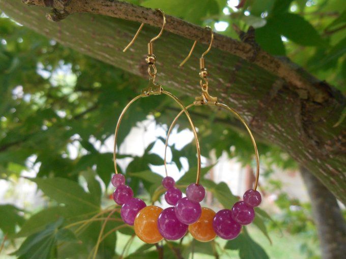 Créoles en acier inoxydable doré avec tourmaline rose et jade jaune (réf. BO 2524067)