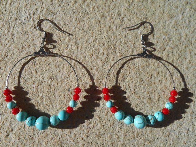 Créoles en acier inoxydable avec corail rouge et turquoise (Réf. BO 2924167)