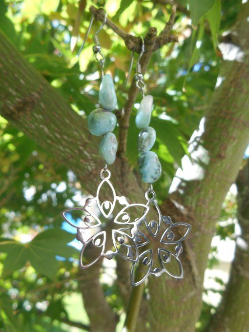 Boucles d’oreilles avec larimar et fleur en acier inoxydable (réf. BO 0924106)