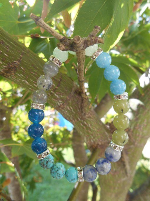 Bracelet calcédoine bleue, jades, labradorite, turquoise, sodalite, strass cuivre (Réf. BR 0724102)