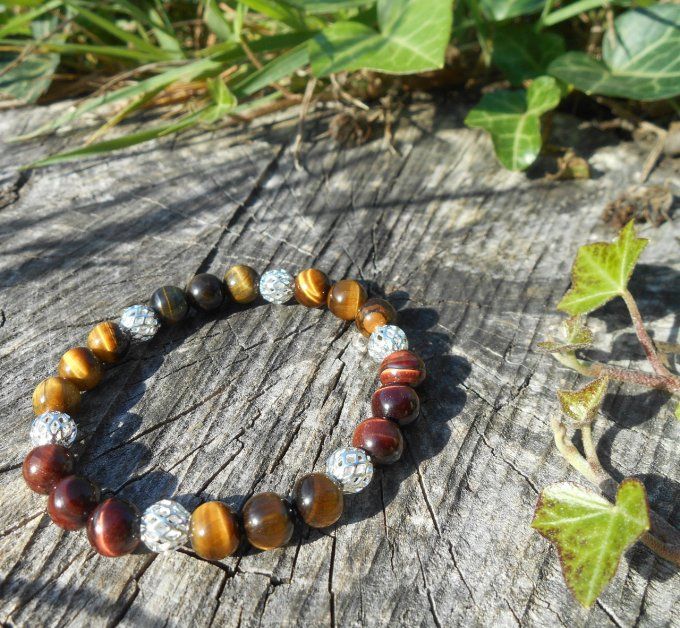 Bracelet avec œil de tigre aux trois couleurs et perles de cuivre (réf. BR 0424091)