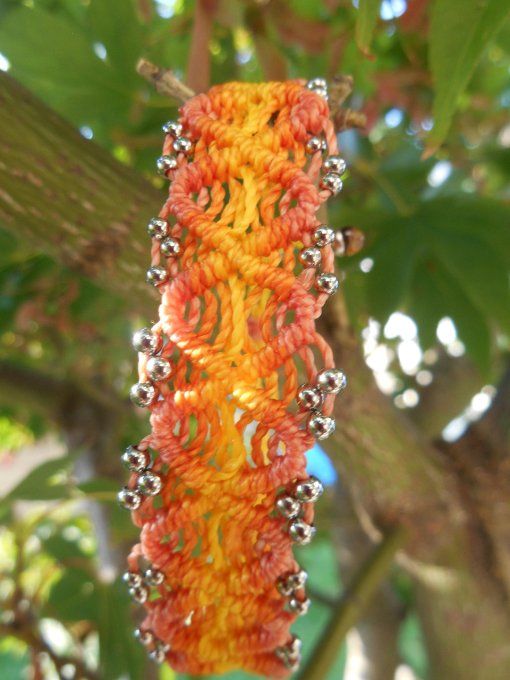 Bracelet tissage corail, orange et jaune avec acier inoxydable (réf. BR 2224153)