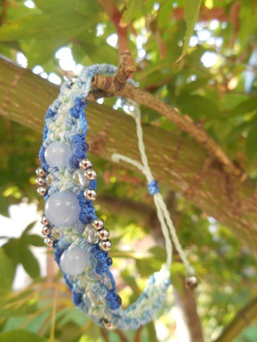 Bracelet tissage bleu et vert avec aigue-marine, quartz blanc et acier inoxydable (réf. BR 2224154)