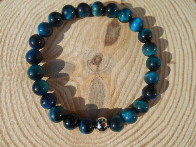 Bracelet élastiqué avec œil de tigre teinté bleu et acier inoxydable (Réf. BR 3524177)