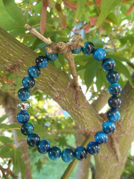 Bracelet élastiqué avec œil de tigre teinté bleu et acier inoxydable (Réf. BR 3524177)