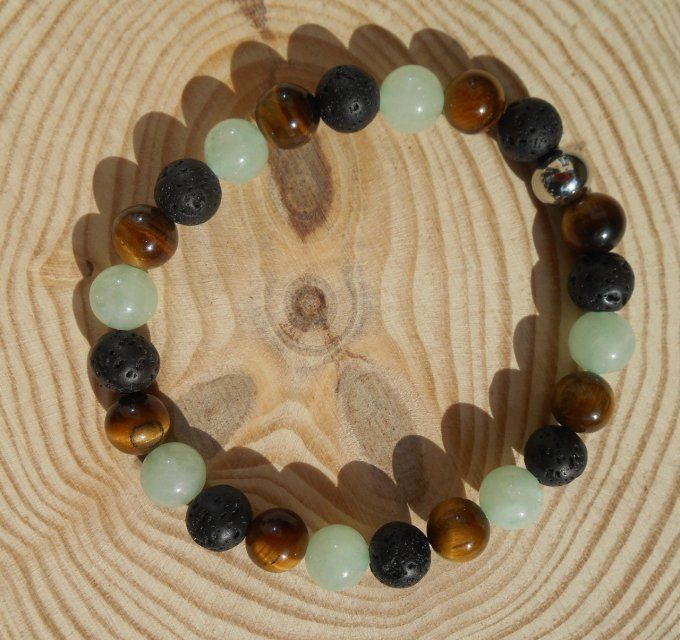 Bracelet élastiqué avec œil de tigre, pierre de lave, jade  et acier inoxydable (réf. BR 3524178)