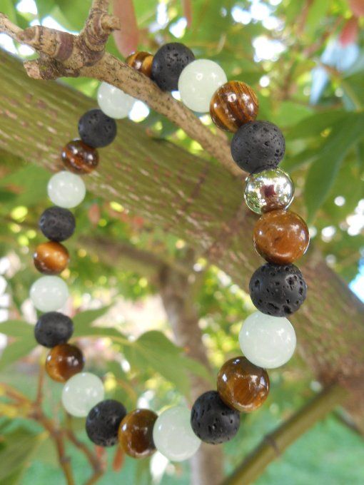Bracelet élastiqué avec œil de tigre, pierre de lave, jade  et acier inoxydable (réf. BR 3524178)