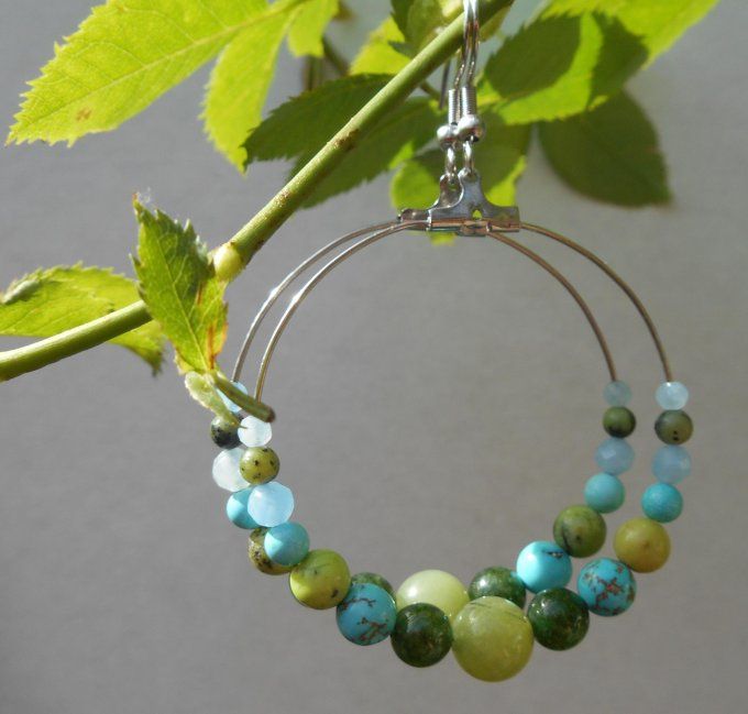 Créoles en acier inoxydable avec aigue-marine, jade, chrysoprase et turquoise (Réf. BO 3324018)
