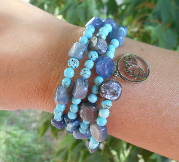 Bracelet avec disthène bleu, turquoise et pampilles en acier inoxydable (Réf. BR ANJ25007)