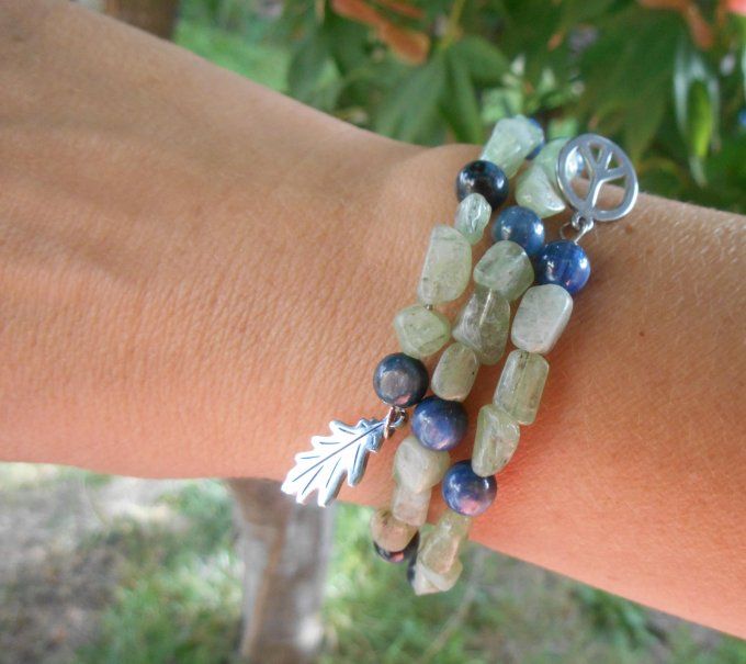 Bracelet avec disthène vert, disthène bleu et pampilles en acier inoxydable (Réf. BR ANJ25008)