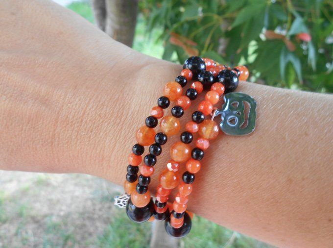 Bracelet agate noire, jade orange, perles de verre, pampilles en acier inox. (Réf. BR ANJ25022)