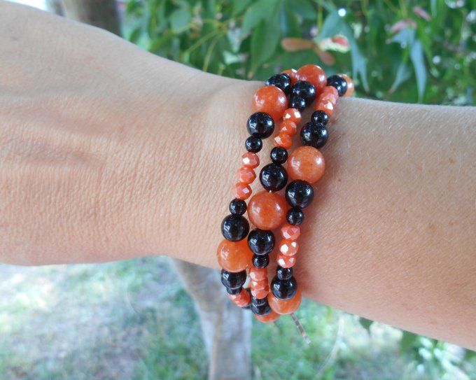 Bracelet agate noire, jade orange, perles de verre, pampilles en acier inox. (Réf. BR ANJ25023)