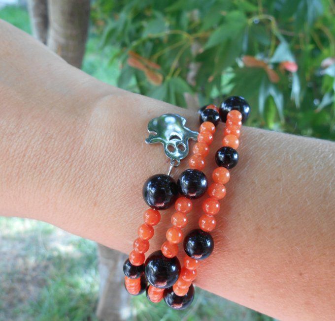 Bracelet agate noire, jade orange et pampilles en acier inoxydable (Réf. BR ANJ25024)