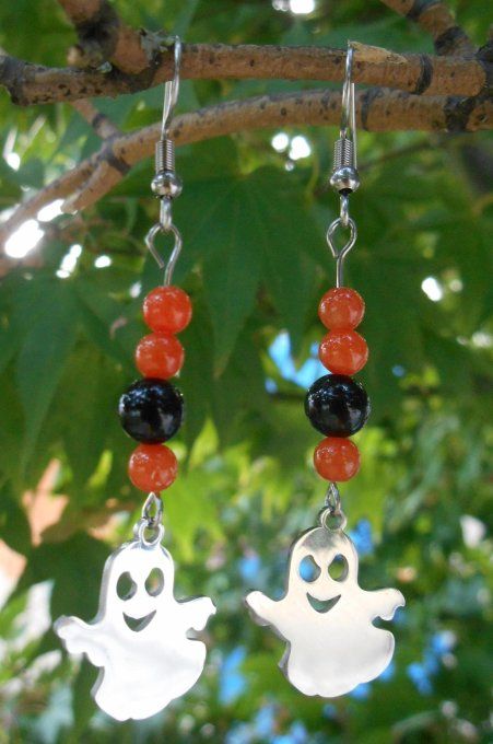 Boucles d’oreilles en acier inoxydable avec agate noire, jade orange et fantôme (Réf. BO 4225038)
