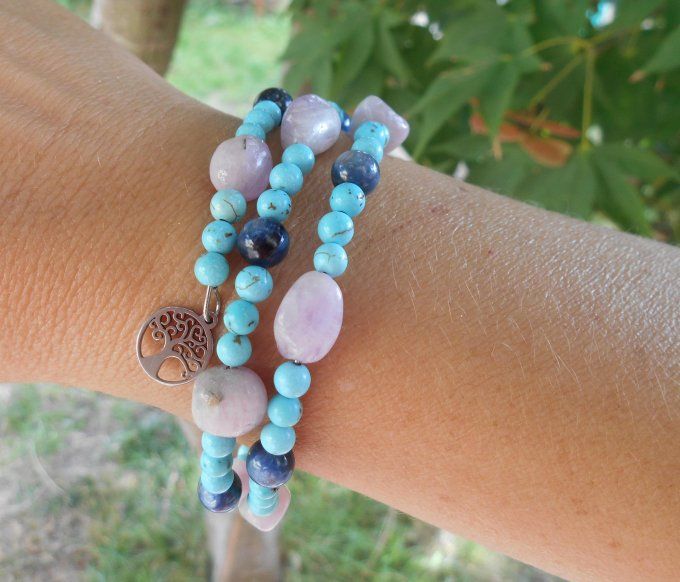 Bracelet acier avec kunzite, disthène bleu, turquoise et pampilles en acier inox. (Réf. BR ANJ25003)