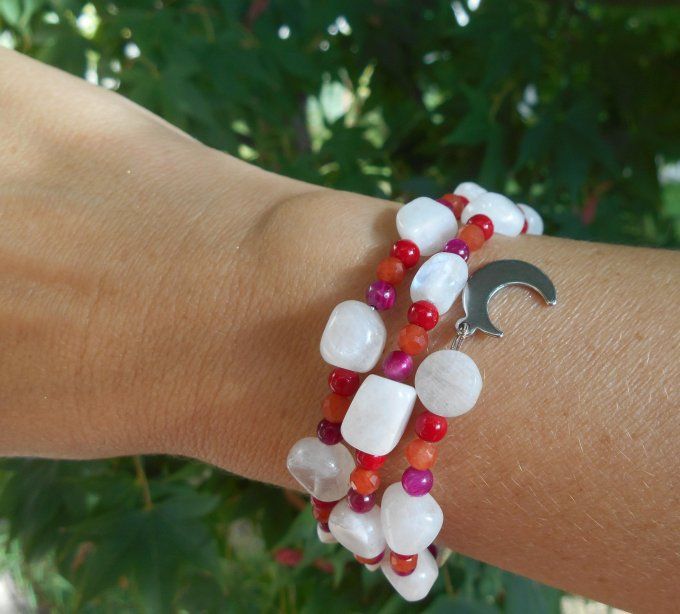 Bracelet acier avec pierre de lune, œil de tigre, aventurine, corail et pampilles (Réf. BR ANJ25012)