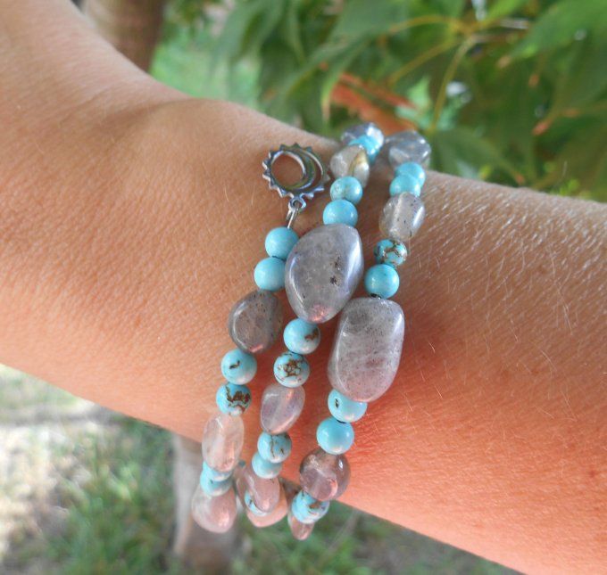Bracelet avec labradorite, turquoise et pampilles en acier inoxydable (Réf. BR ANJ25015)