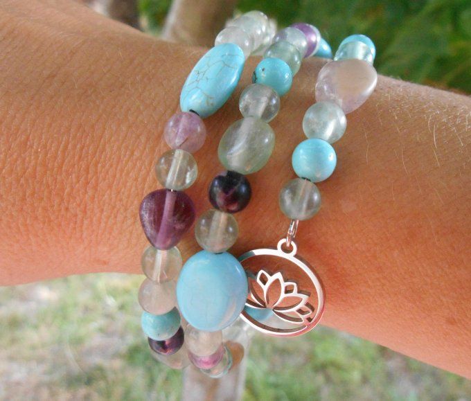 Bracelet avec quartz fluorite, turquoise et pampilles en acier inoxydable (Réf. BR ANJ25019)