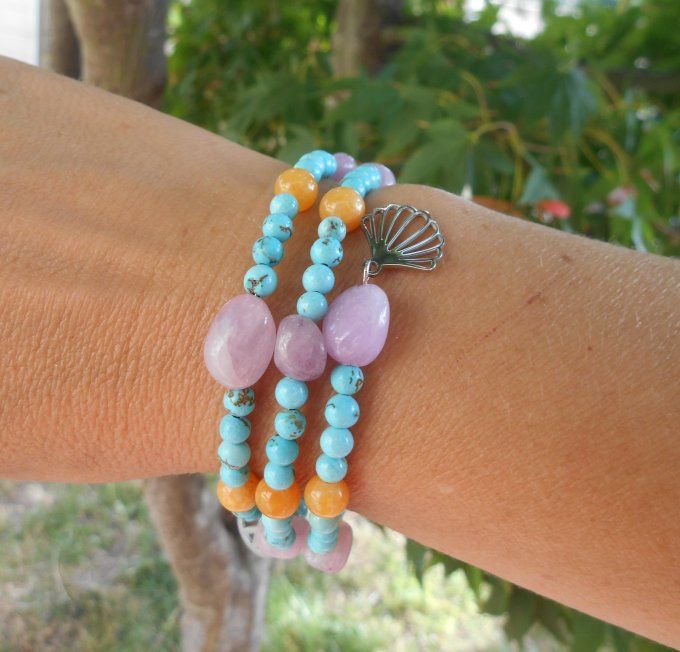 Bracelet avec kunzite, jade jaune, turquoise et pampilles en acier inoxydable (Réf. BR ANJ25020)