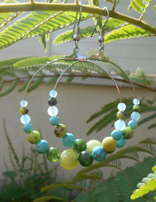 Créoles en acier inoxydable avec aigue-marine, jade, chrysoprase et turquoise (Réf. BO 3324018)