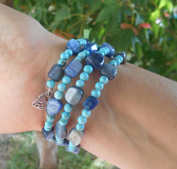 Bracelet avec disthène bleu, turquoise et pampilles en acier inoxydable (Réf. BR ANJ25007)