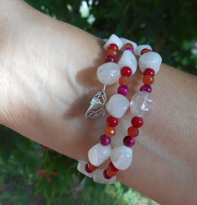 Bracelet acier avec pierre de lune, œil de tigre, aventurine, corail et pampilles (Réf. BR ANJ25012)