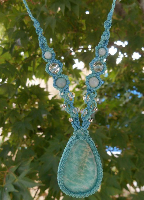 Collier avec amazonite, cristal de roche, perles de verre et acier inoxydable (Réf. CO 4325040)