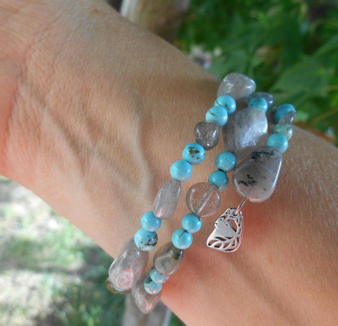 Bracelet avec labradorite, turquoise et pampilles en acier inoxydable (Réf. BR ANJ25015)