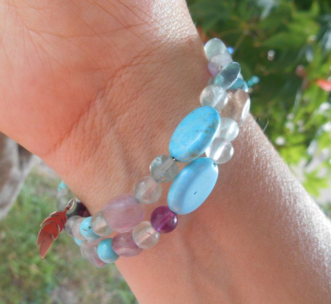 Bracelet avec quartz fluorite, turquoise et pampilles en acier inoxydable (Réf. BR ANJ25019)
