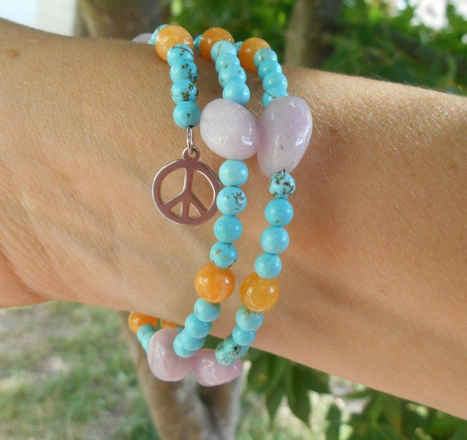 Bracelet avec kunzite, jade jaune, turquoise et pampilles en acier inoxydable (Réf. BR ANJ25020)